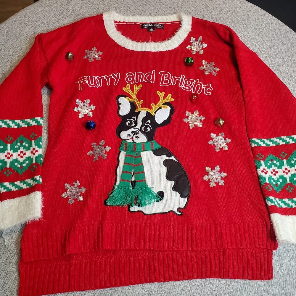 Women's L Furry & Bright Frenchie Dog Christmas Sweater Jingle Bells, Red Hi-Low